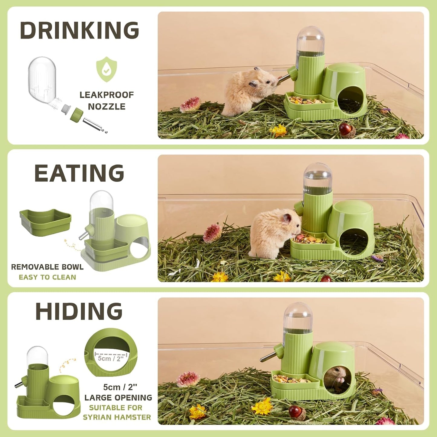 3 in 1 Hamster Water Bottle No Drip Automatic Leakproof Dispenser with Food Container and Hideout Base for Gerbil Rat Dwarf Hamster Mouse (Green, 3.4oz) - Image 2