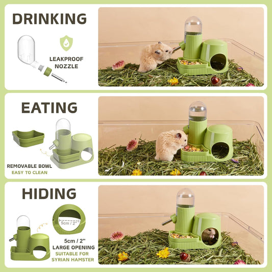 3 in 1 Hamster Water Bottle No Drip Automatic Leakproof Dispenser with Food Container and Hideout Base for Gerbil Rat Dwarf Hamster Mouse (Green, 3.4oz) - Image 2
