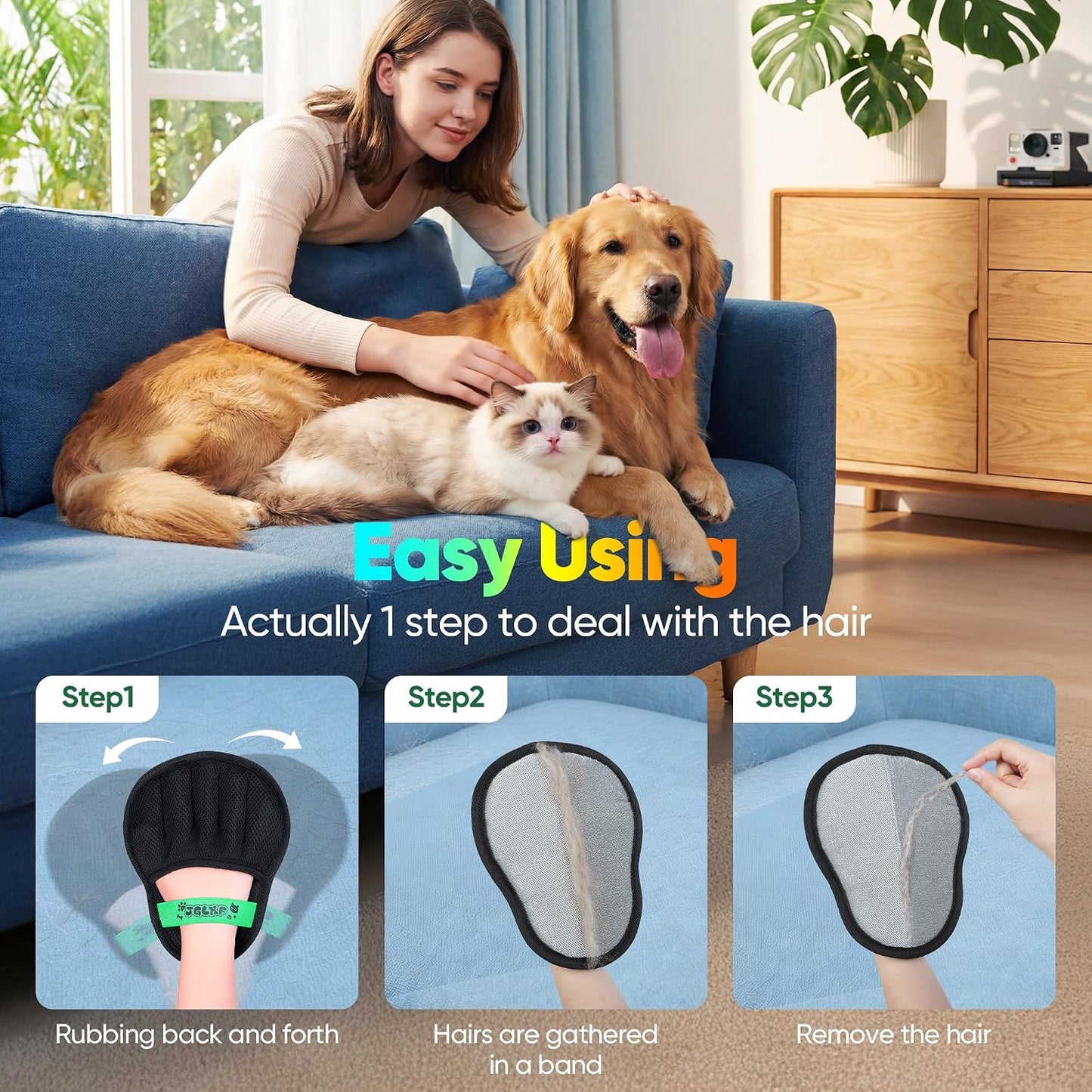 Reusable pet hair removal glove removing cat hair from clothing