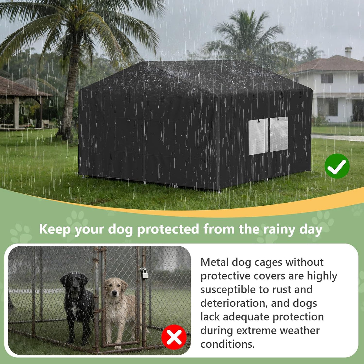 Waterproof and UV resistant dog kennel cover details with elastic cords.