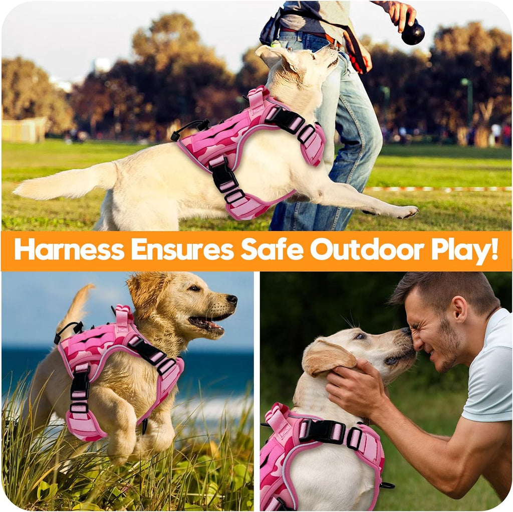 Reflective pink camo dog vest glowing under low light conditions for nighttime safety