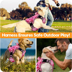 Reflective pink camo dog vest glowing under low light conditions for nighttime safety