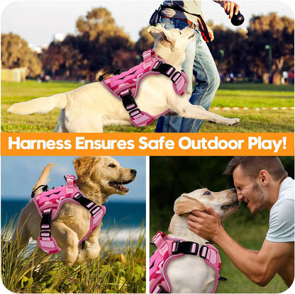 Reflective pink camo dog vest glowing under low light conditions for nighttime safety