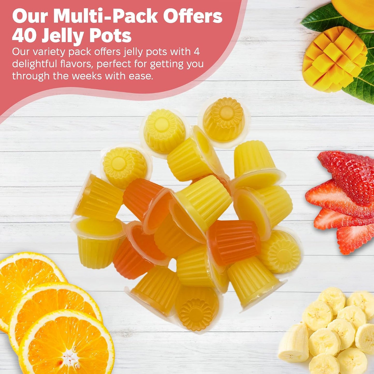 Snout and Shell fruit nectar jelly cups assortments in orange mango banana and strawberry flavors.