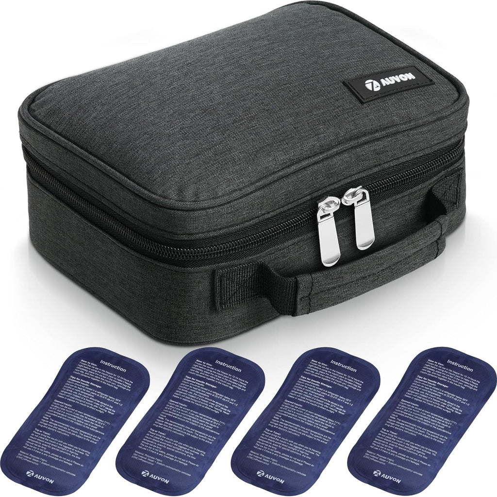 AUVON Large Insulin Cooler Travel Case front view showcasing black premium Oxford fabric exterior.