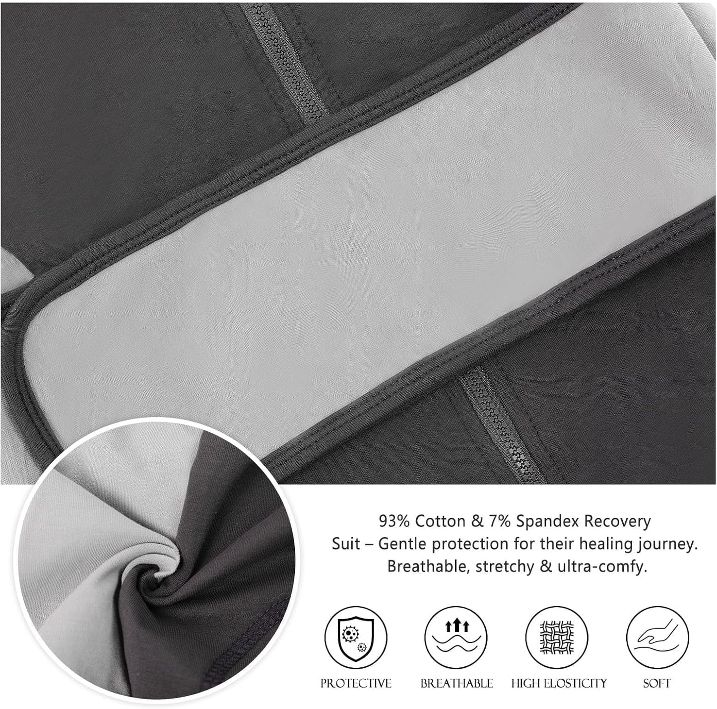 Premium cotton-spandex dog recovery clothes preventing licking and scratching of wounds.