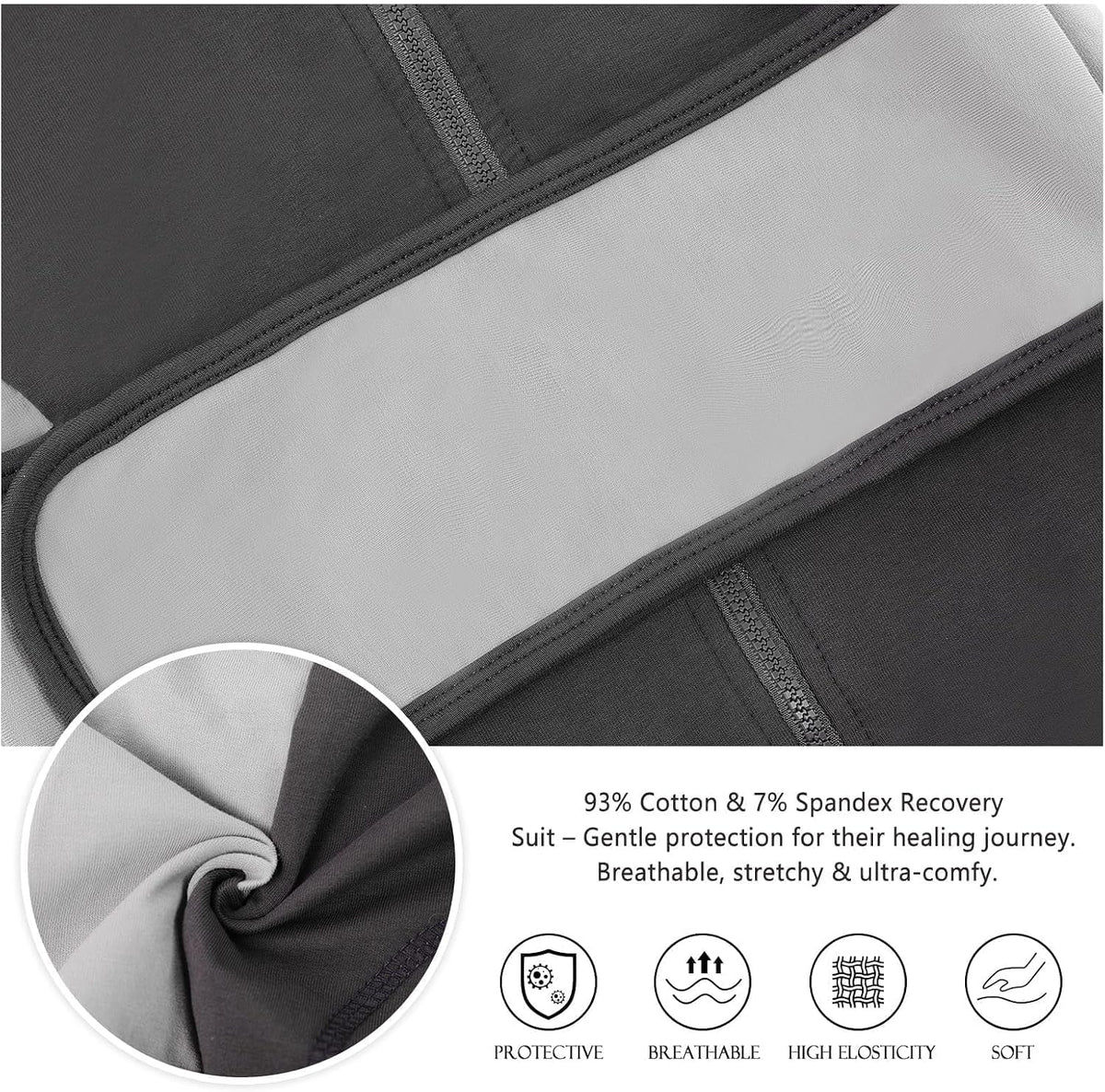 Premium cotton-spandex dog recovery clothes preventing licking and scratching of wounds.