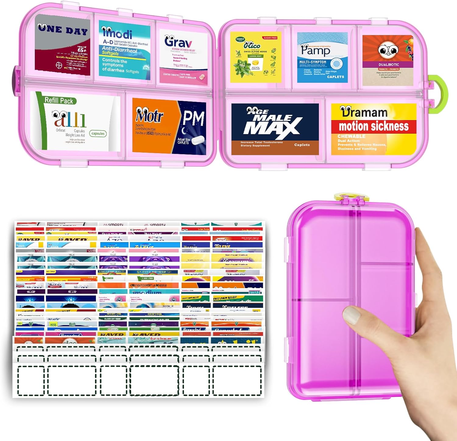 SESIIduo travel pill organizer front view showing magenta and white double layer design with ten compartments.