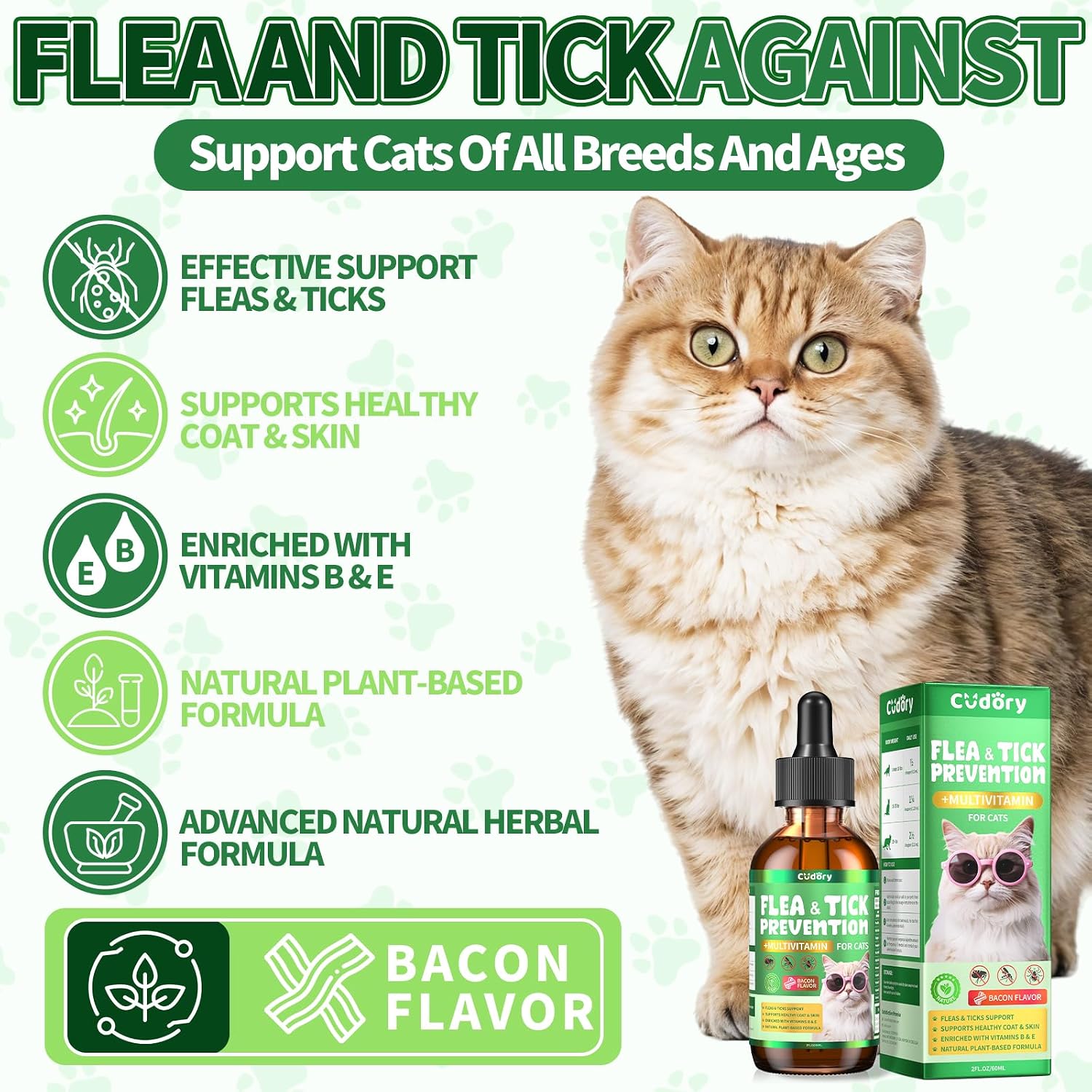Bacon flavored cat flea shield liquid supplement dropper close up