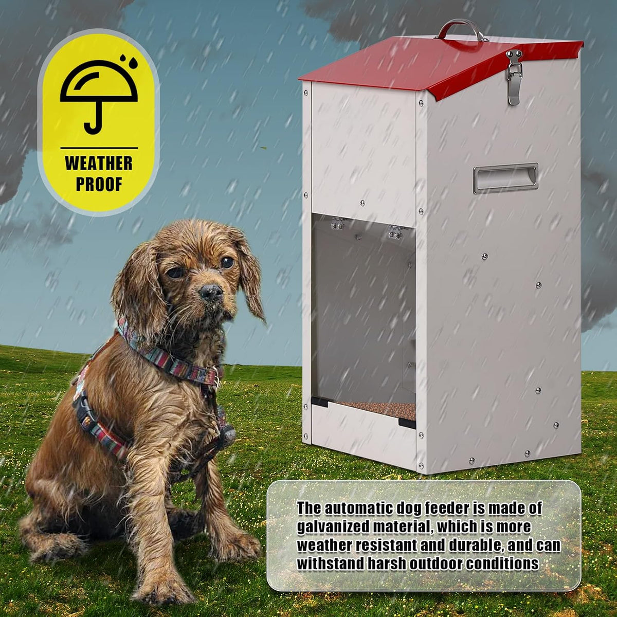 Heavy gauge galvanized steel dog feeder with premium red top lid in an outdoor yard