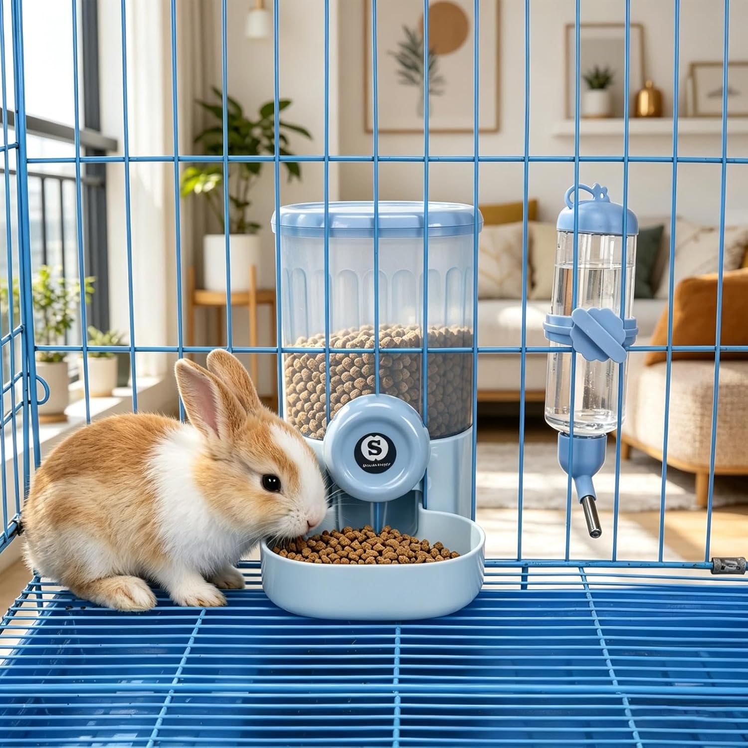 Sangle Sopffy Rabbit Feeder and Water Dispenser Set, Gravity Food Bowl with Water Bottle for Cage, Small Animal Feeding Station for Bunny, Guinea Pig, Chinchilla, Ferret, Hedgehog, Blue 2-Piece Set - Image 6