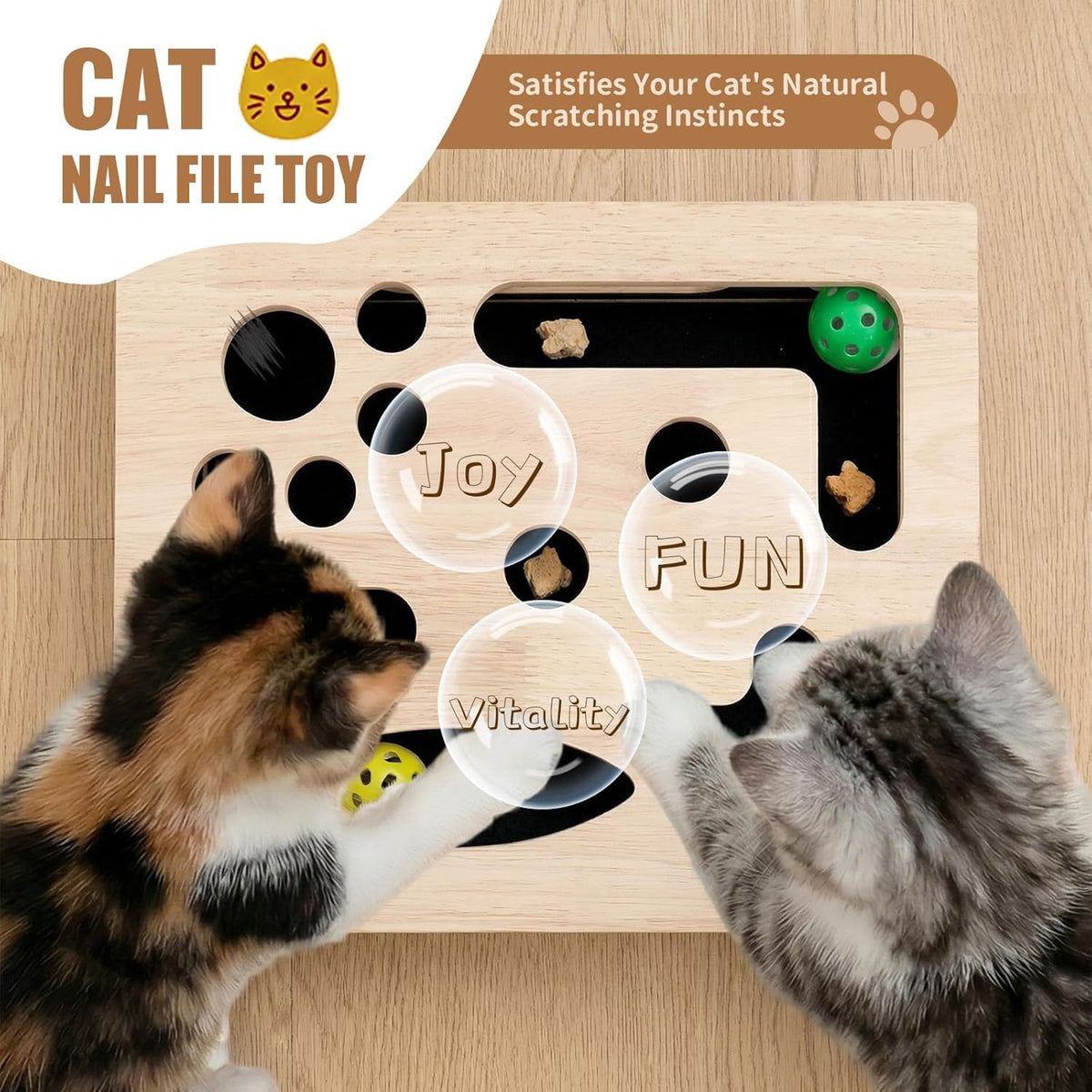 Close up of precision drilled paw holes on a premium imported pet scratch box.