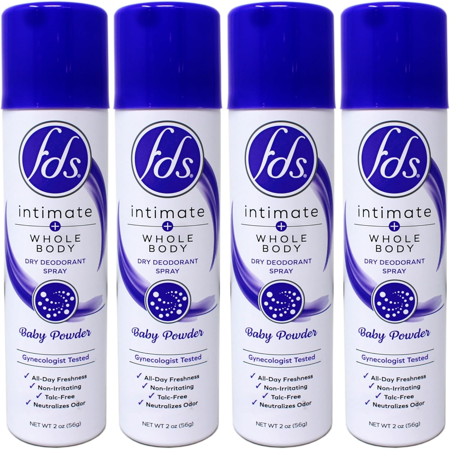 FDS Intimate and Whole Body Dry Deodorant Spray Baby Powder 4 Pack front view