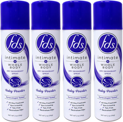 FDS Intimate and Whole Body Dry Deodorant Spray Baby Powder 4 Pack front view