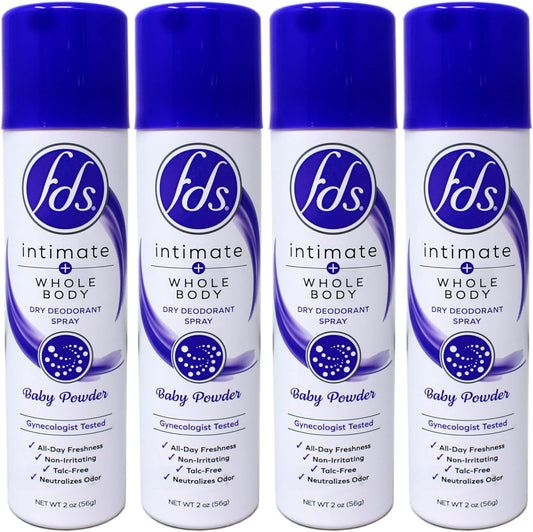 FDS Intimate and Whole Body Dry Deodorant Spray Baby Powder 4 Pack front view