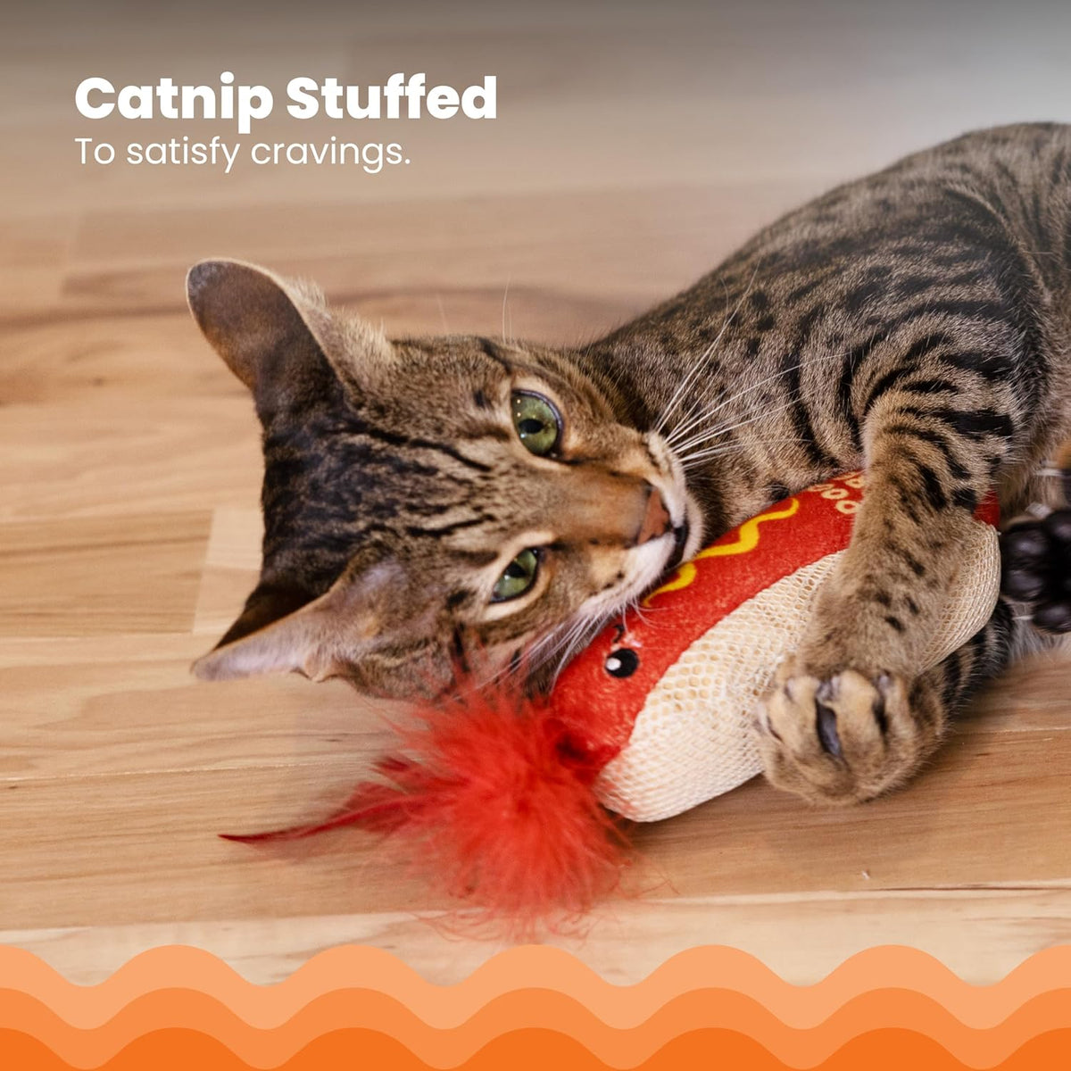 Catstages Hotdog Kicker plush cat toy showing the premium catnip stuffed core.