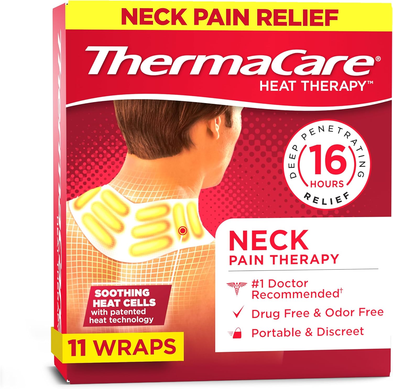 ThermaCare neck and shoulder heat wraps front view packaging for muscle pain relief
