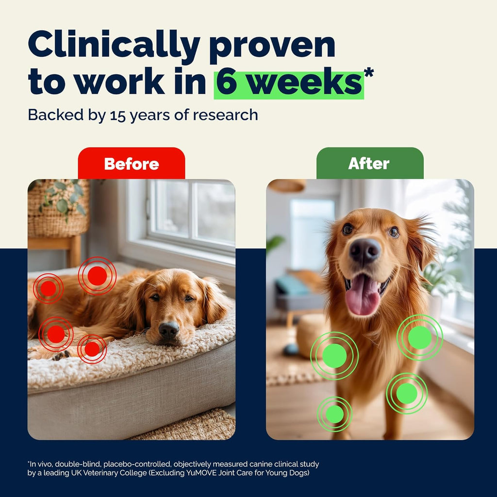 Back label of YuMOVE adult dog joint support chews with daily dosage chart