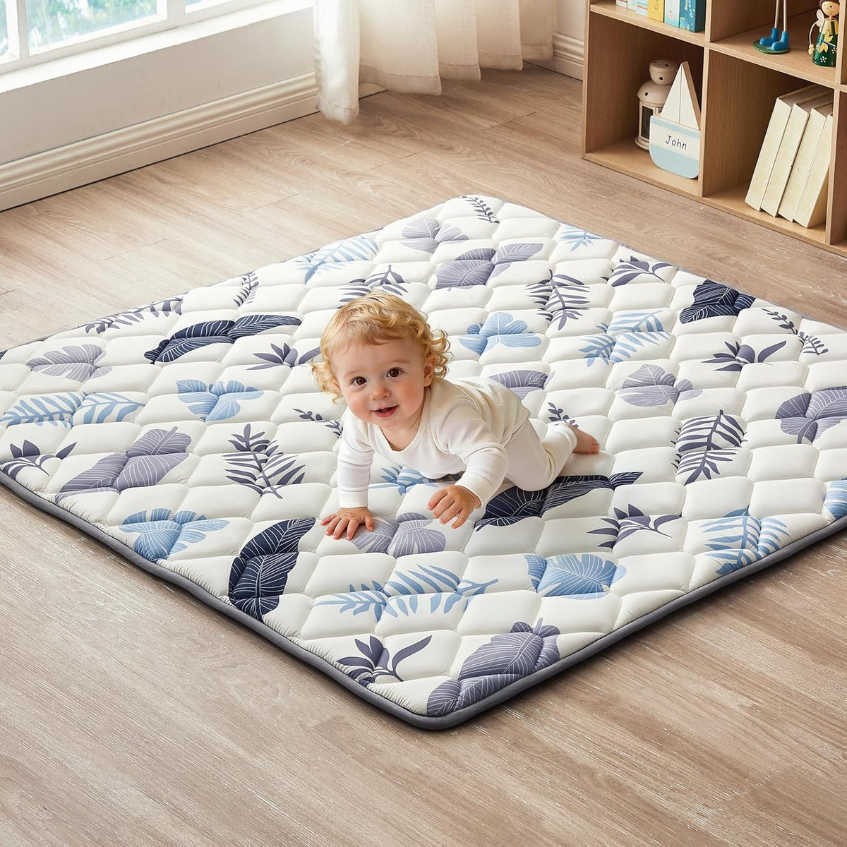 Quafret baby play mat front view showing earth beige and white tones
