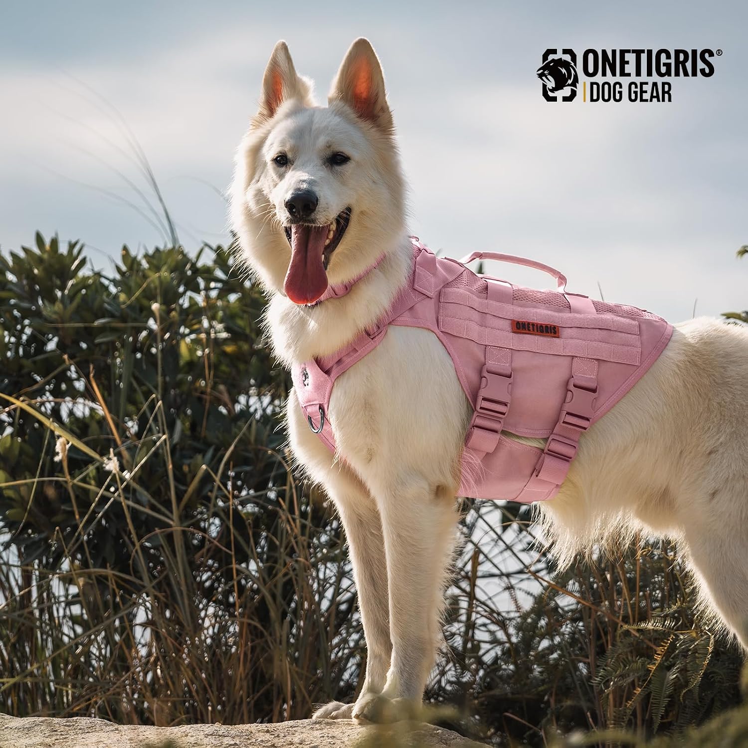 Top view of the pink tactical harness highlighting dual padded grab handles