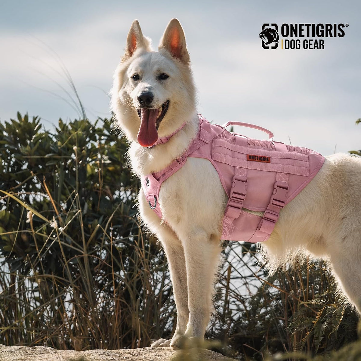 Top view of the pink tactical harness highlighting dual padded grab handles