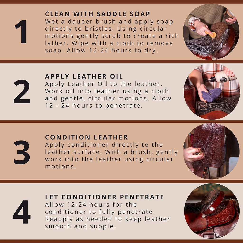 Complete leather maintenance kit contents unpacked for professional horse tack cleaning.