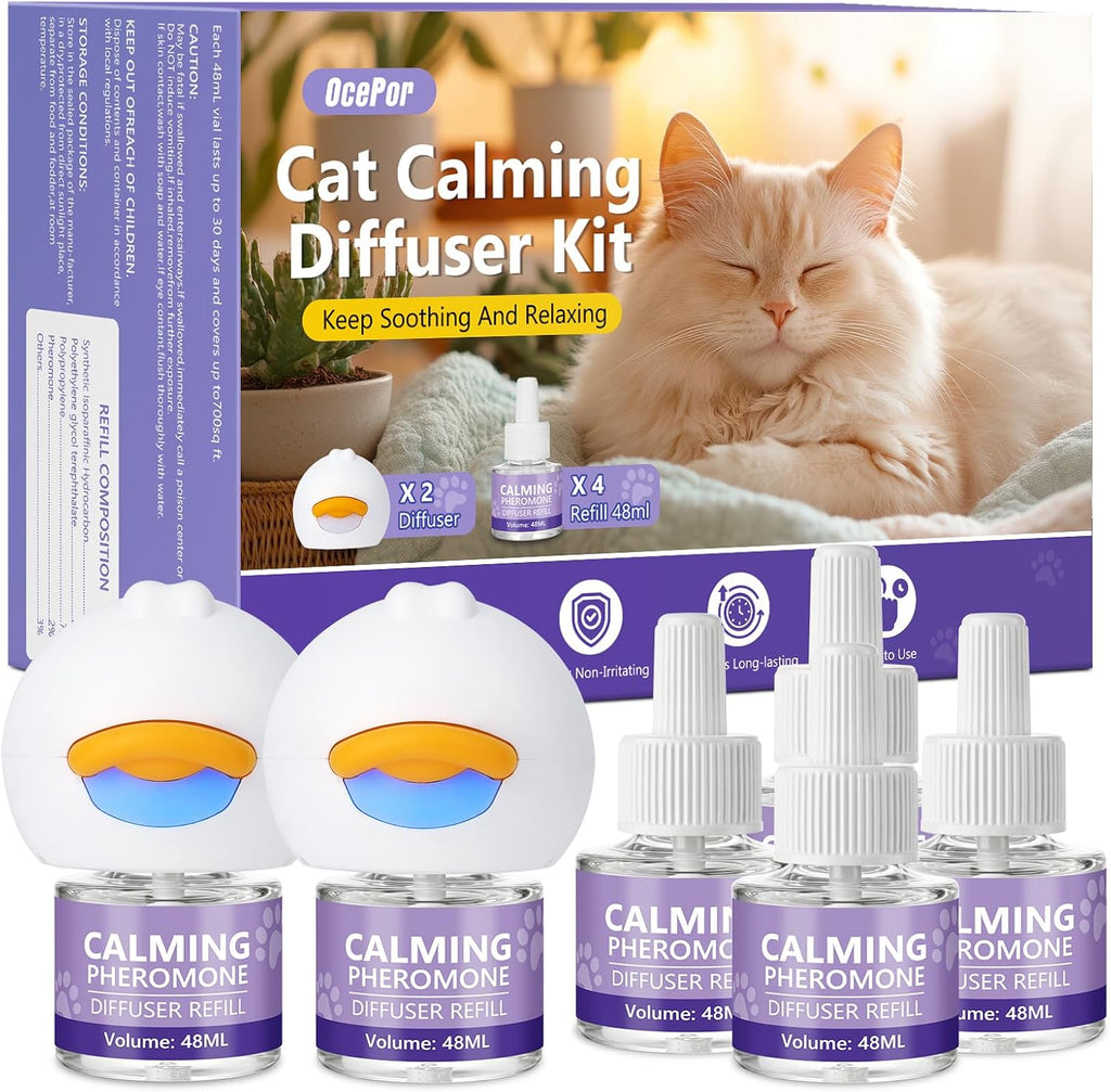 OcePor Cat Calming Diffuser starter kit including two white plugs and four refill bottles front view.