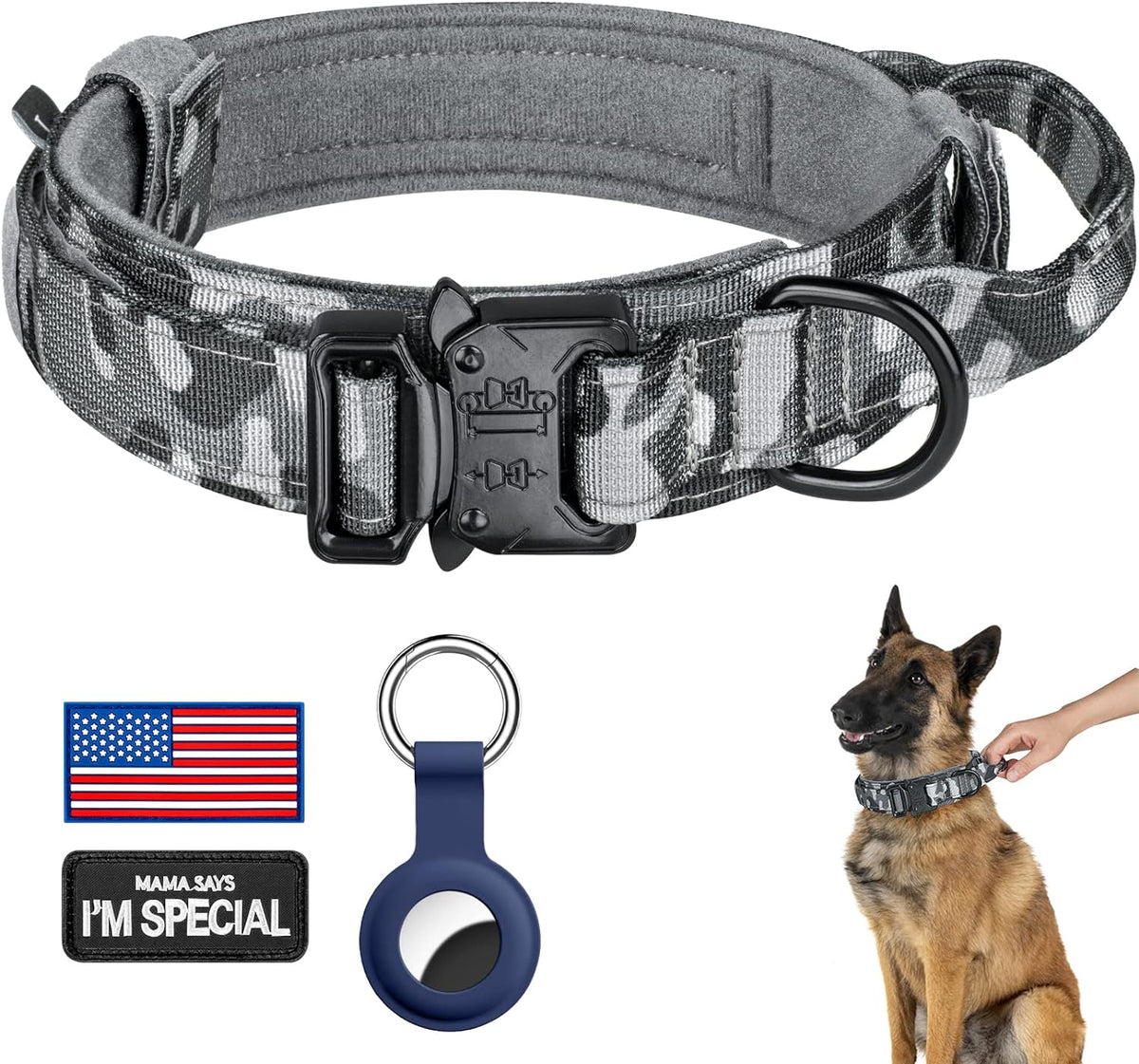 DAGANXI Tactical Dog Collar, Adjustable Military Training Nylon Dog Collar with Control Handle and Heavy Metal Buckle for Medium and Large Dogs, with Patches and Airtags Case (L, Black) - Image 12