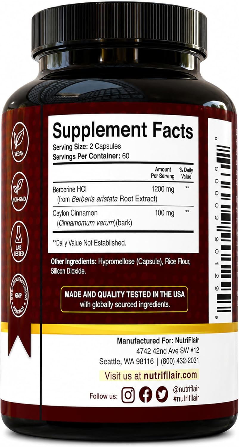 NutriFlair Berberine HCl 1200mg with Ceylon Cinnamon, 120 Capsules - Image 8