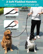 PetBonus black rope double leash attached to two large dog harnesses
