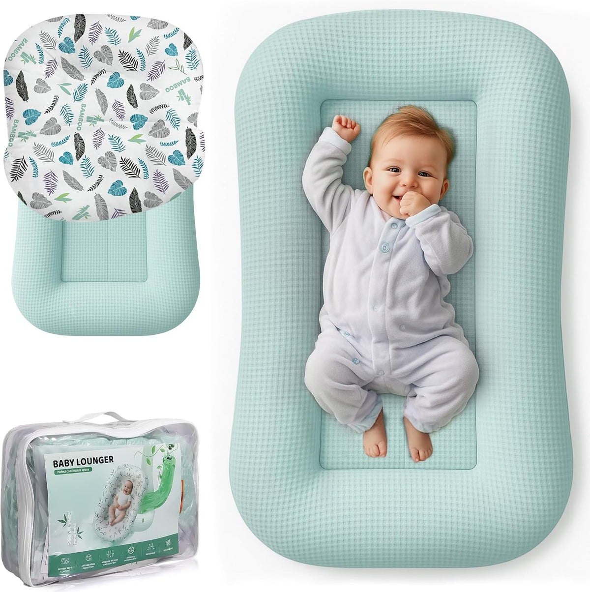 Azopesy baby lounger front view in blue waffle fabric