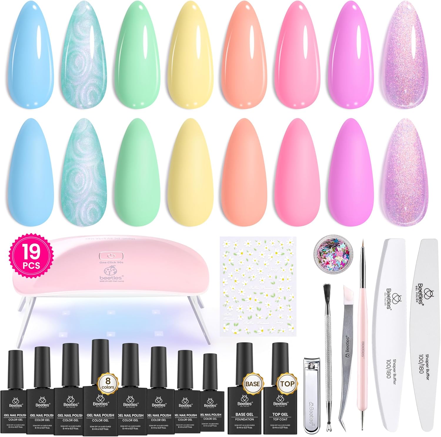 Beetles Gel Nail Polish Kit Garden Party Pastel front view with UV lamp