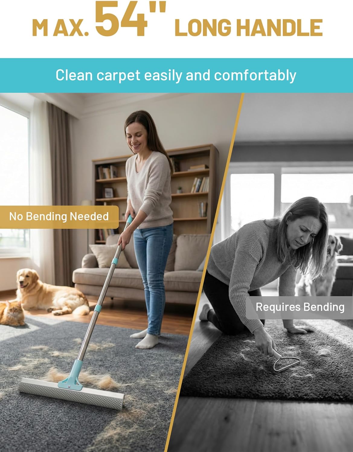Adjustable stainless steel handle of Delomo carpet rake for home cleaning