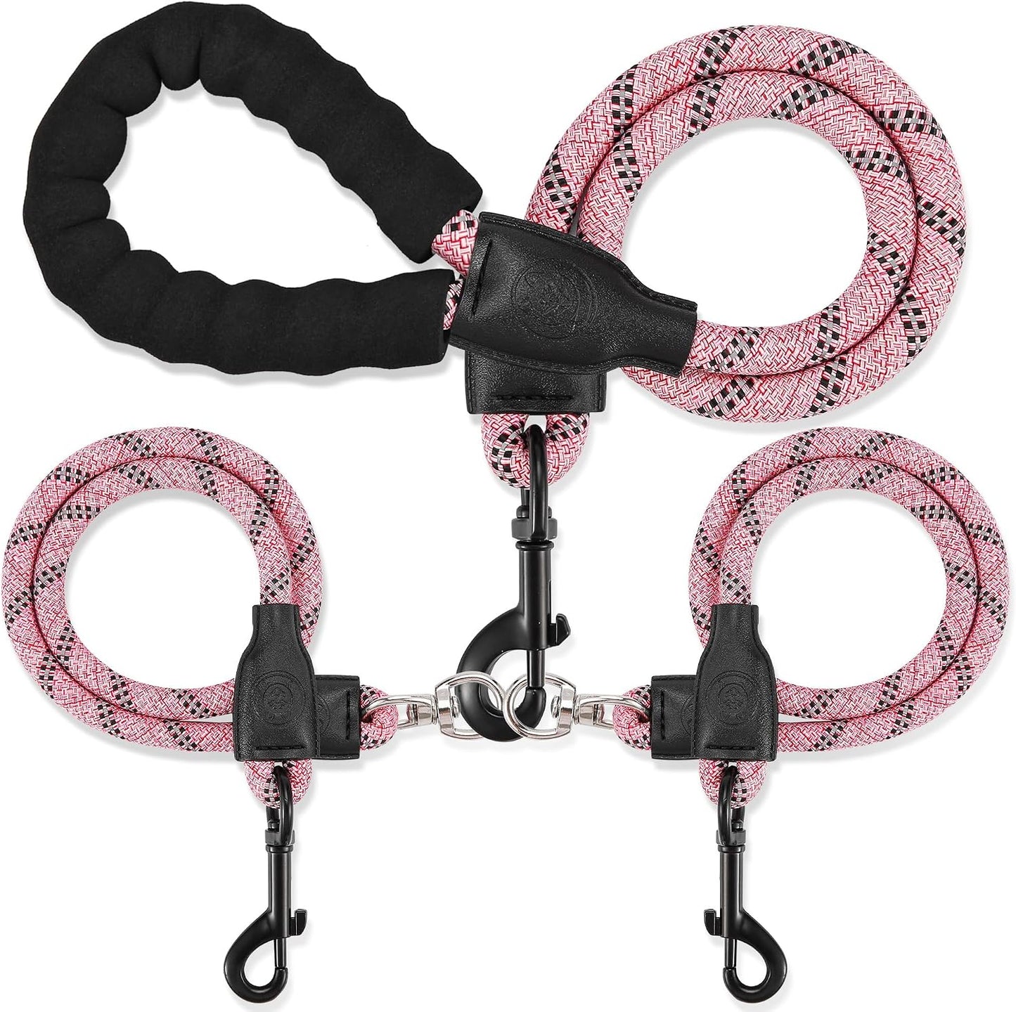 Mengbei Tribe double dog leash front view pink color dual walking lead