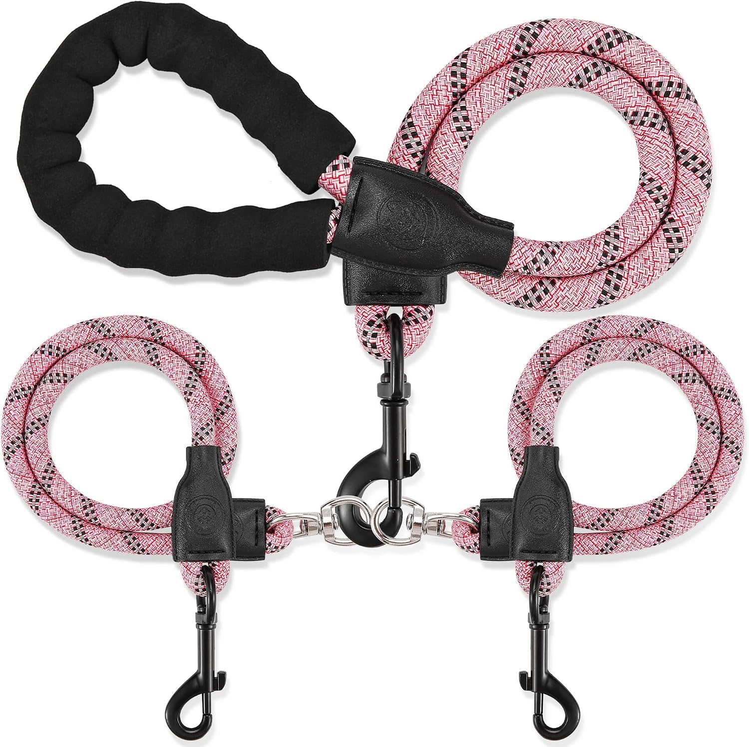Mengbei Tribe double dog leash front view pink color dual walking lead