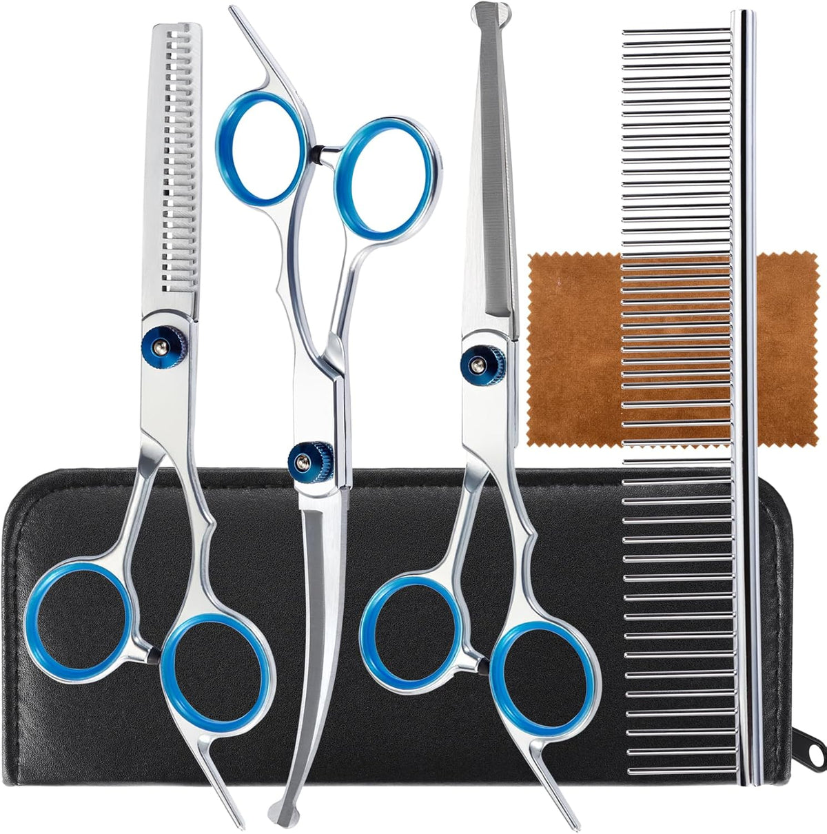 Lengnoyp 5 in 1 premium dog grooming scissors kit front view featuring professional safety round tip shears.