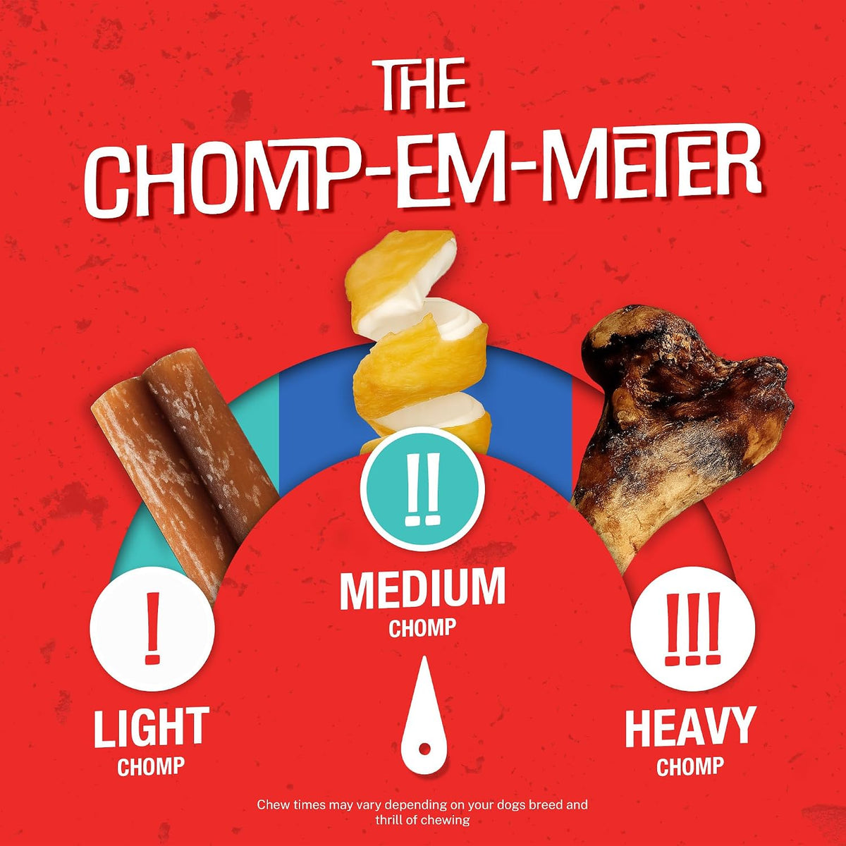 Professional studio shot of Chomp'ems Purehide 12 Ounce dog treats