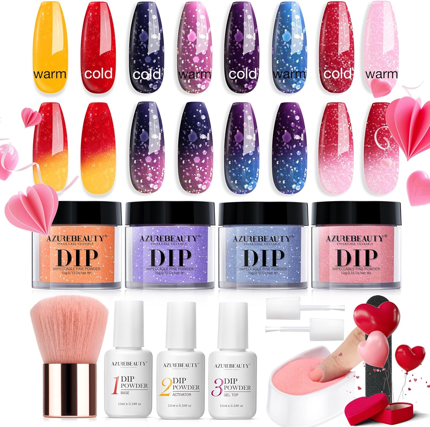 AZUREBEAUTY color changing dip powder kit showing blue and pink temperature shifts