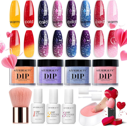 AZUREBEAUTY color changing dip powder kit showing blue and pink temperature shifts