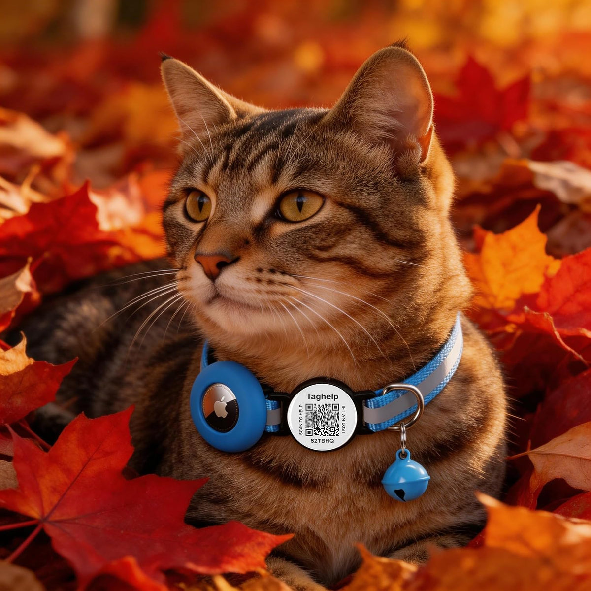 Taghelp safety cat collar showing high visibility reflective striping in low light.