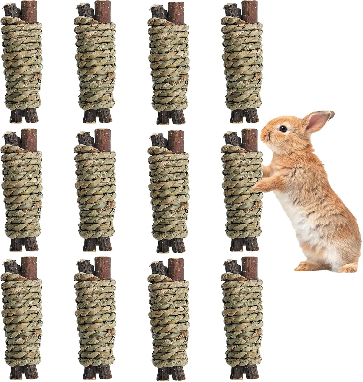 Fhiny 12 PCS Rabbit Chew Sticks, Natural Papaya Wood Seagrass Guinea Pig Chew Toys for Teeth Small Animal Molar Sticks Snacks for Bunny Guinea Pig Chinchilla Ferret Hamster Gerbil Dental Care - Image 10