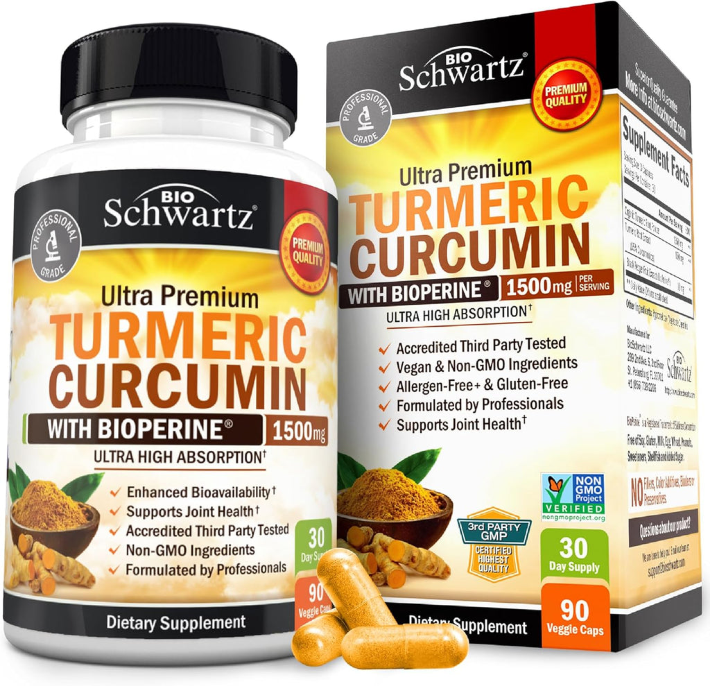 BioSchwartz Turmeric Curcumin 1500mg bottle front view with capsules