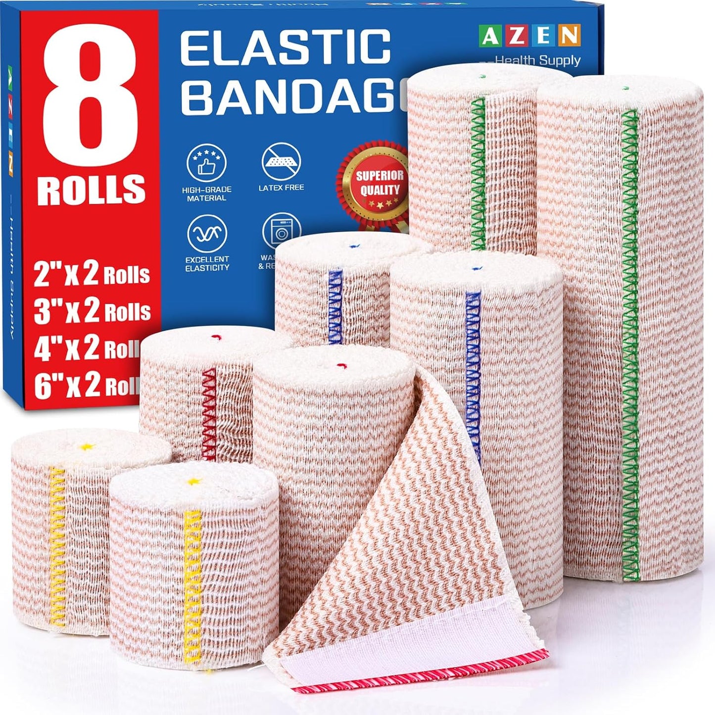 AZEN Premium 8 Pack Elastic Bandage Wrap front view showcasing multiple sizes.