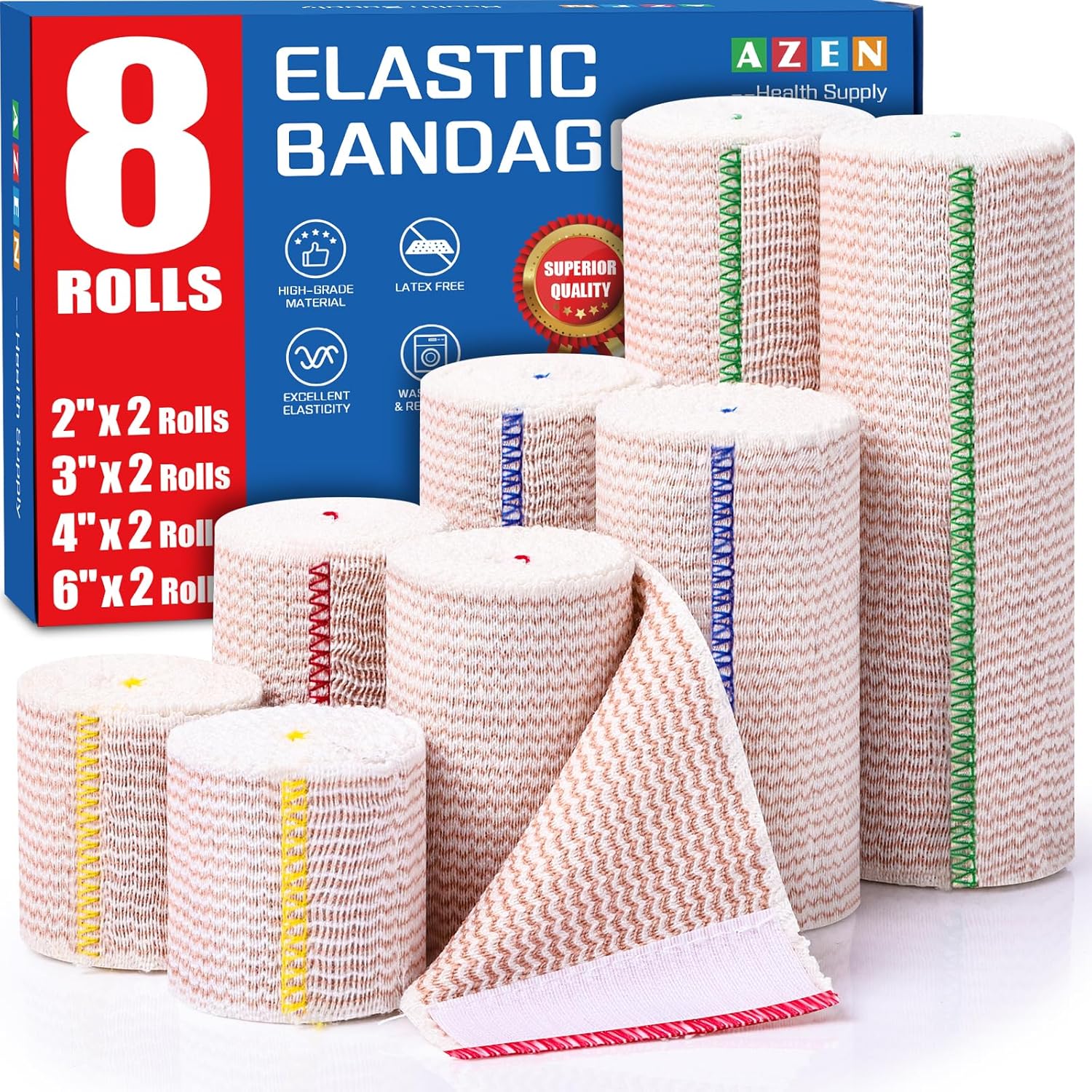 AZEN Premium 8 Pack Elastic Bandage Wrap front view showcasing multiple sizes.