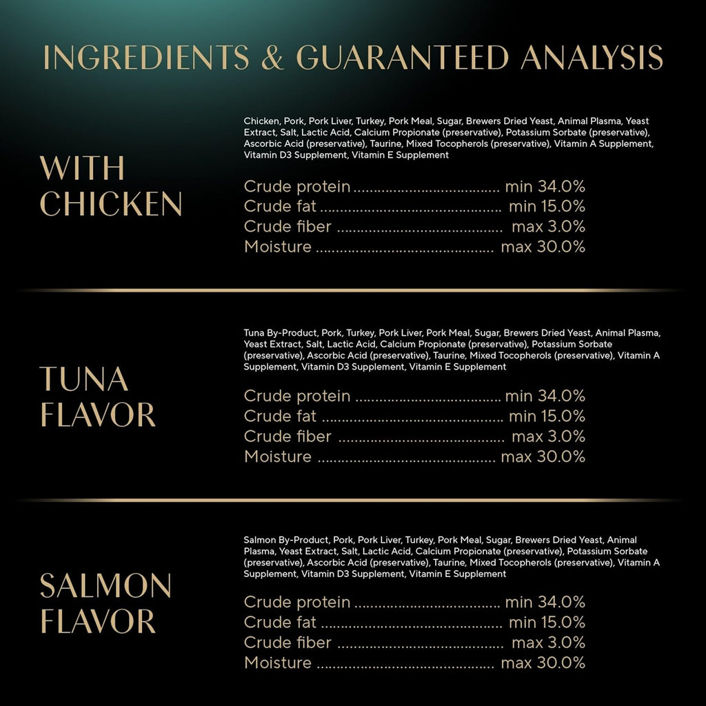 Three different flavors of Sheba Meaty Tender Sticks side by side