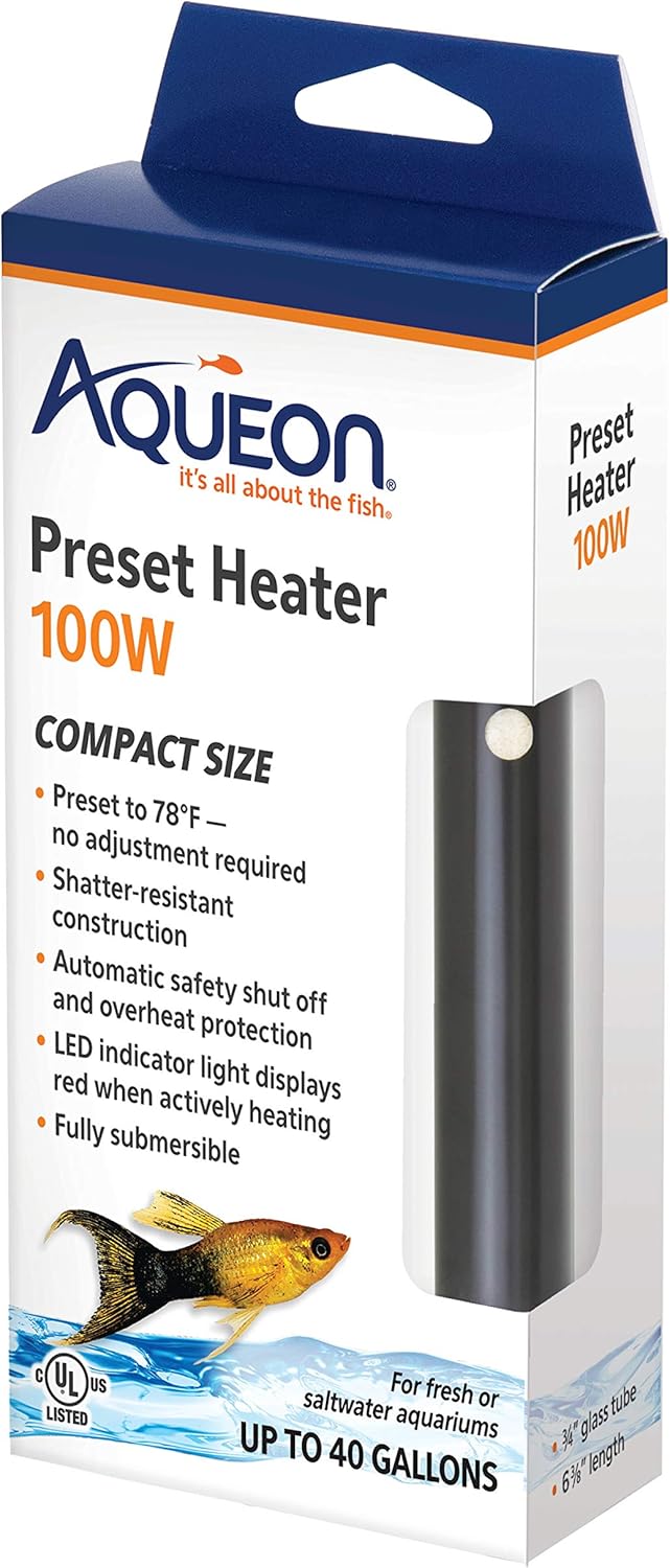 Aqueon 100W preset aquarium heater front view in packaging
