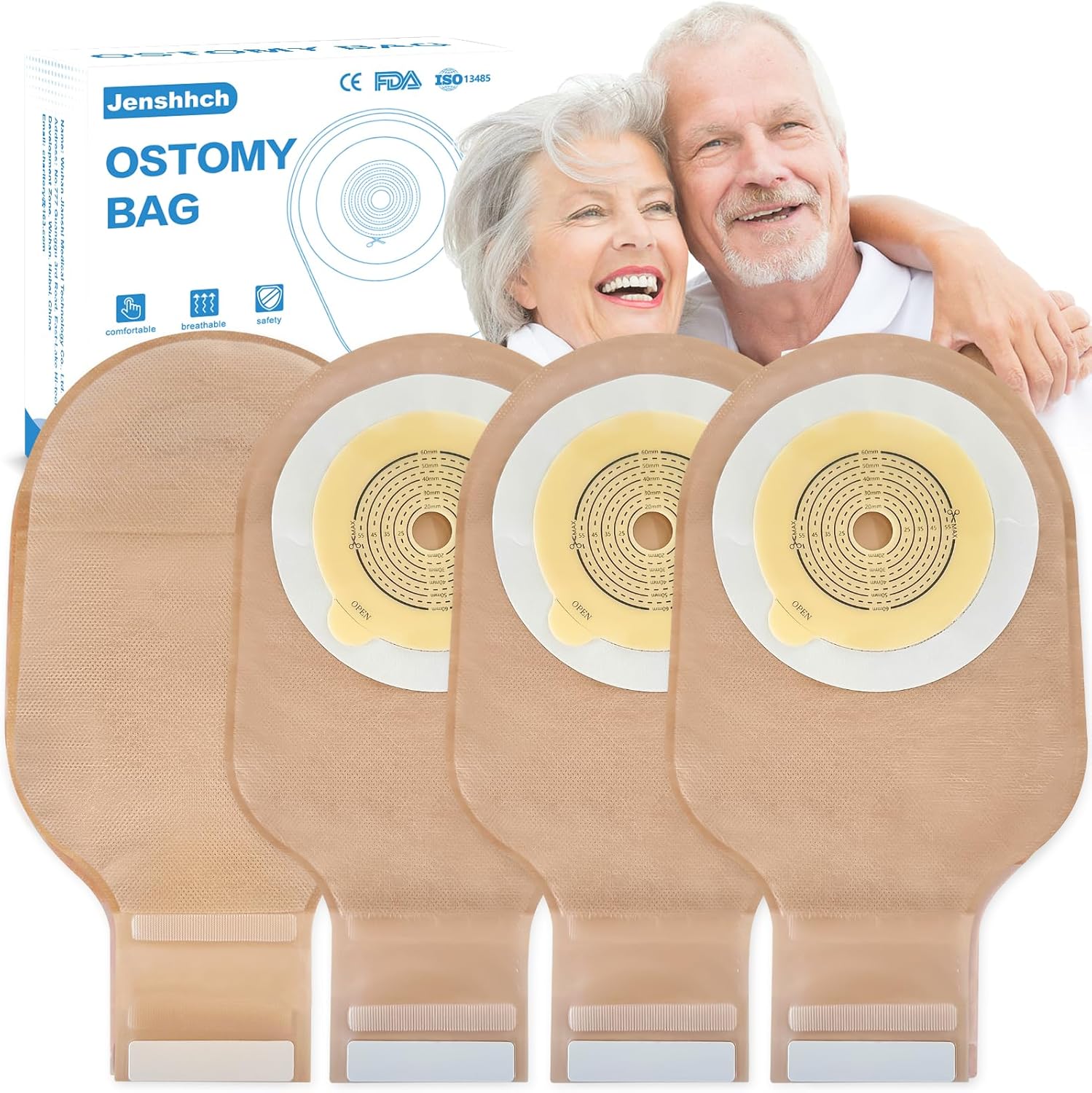 Heagimed Jenshhch one piece drainable colostomy bags front view showing the hydrocolloid wafer scale