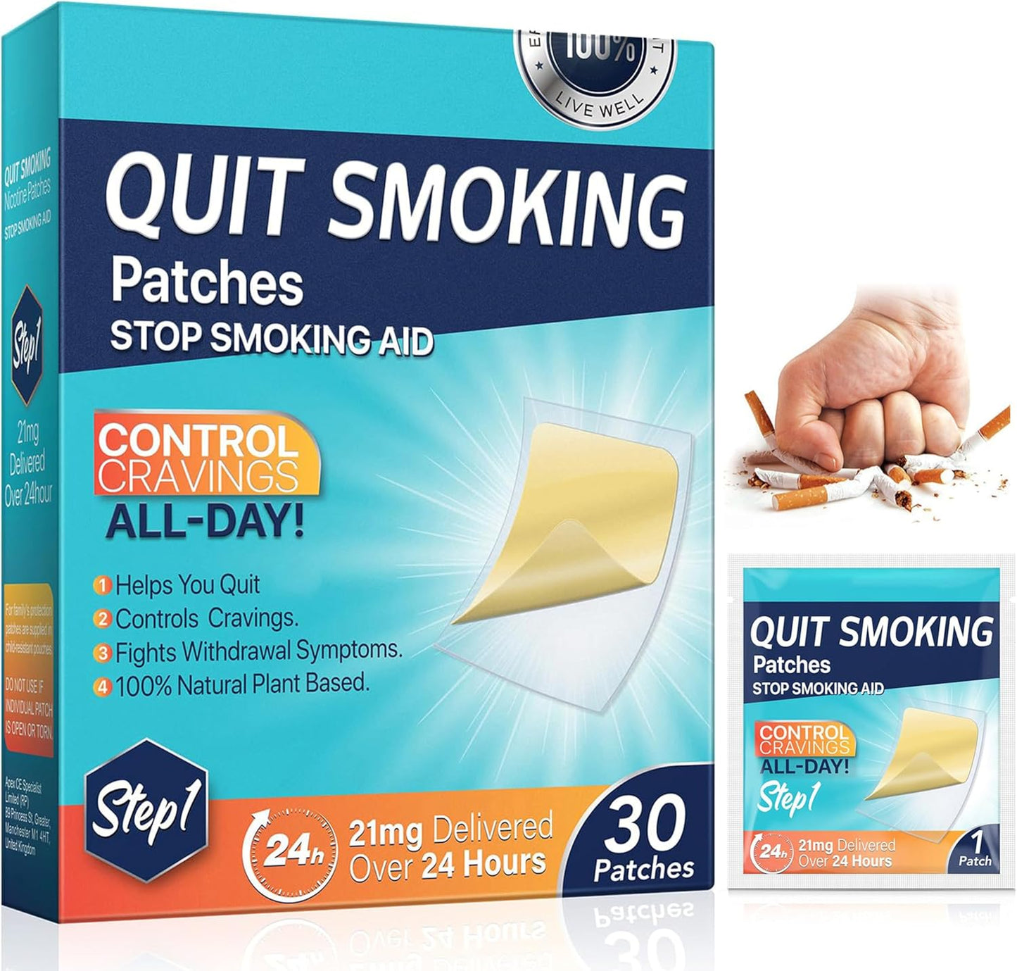 Tooffi Quit Smoking Patches Step 1 front view of 21mg transdermal system box.
