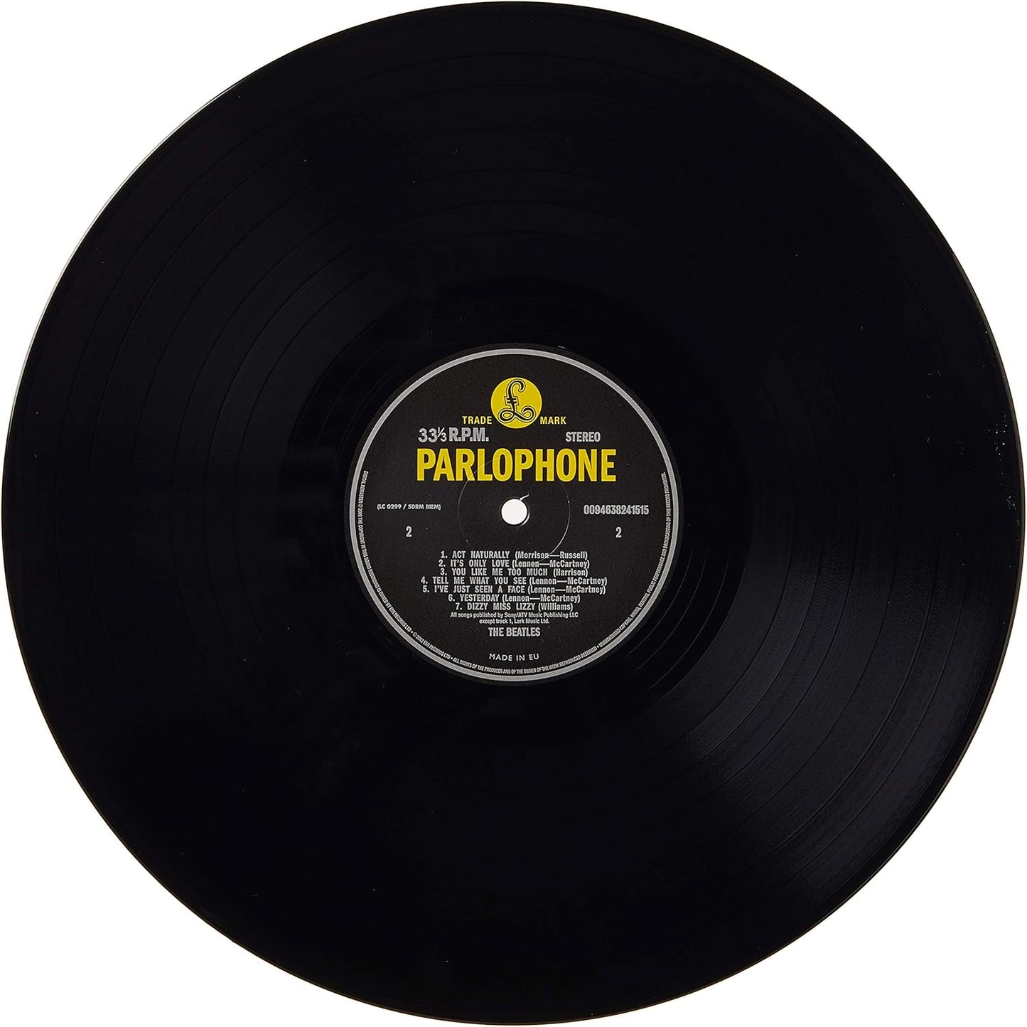 Close up of the Parlophone center label on the Help vinyl record