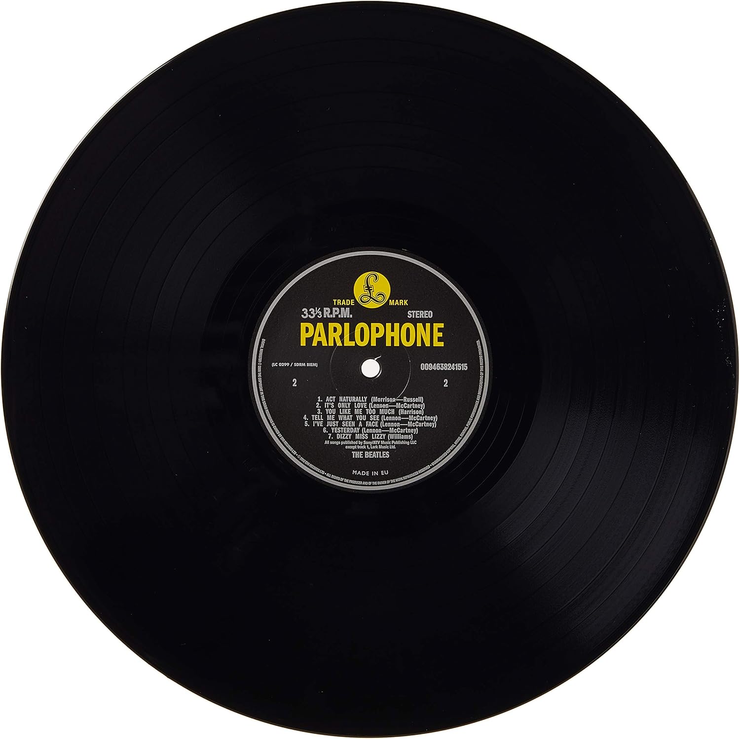 Close up of the Parlophone center label on the Help vinyl record